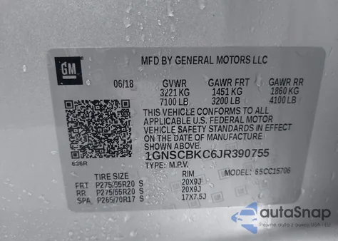 2018 Chevrolet Tahoe Lt z USA, uszkodzony, nr VIN 1GNSCBKC6JR390755